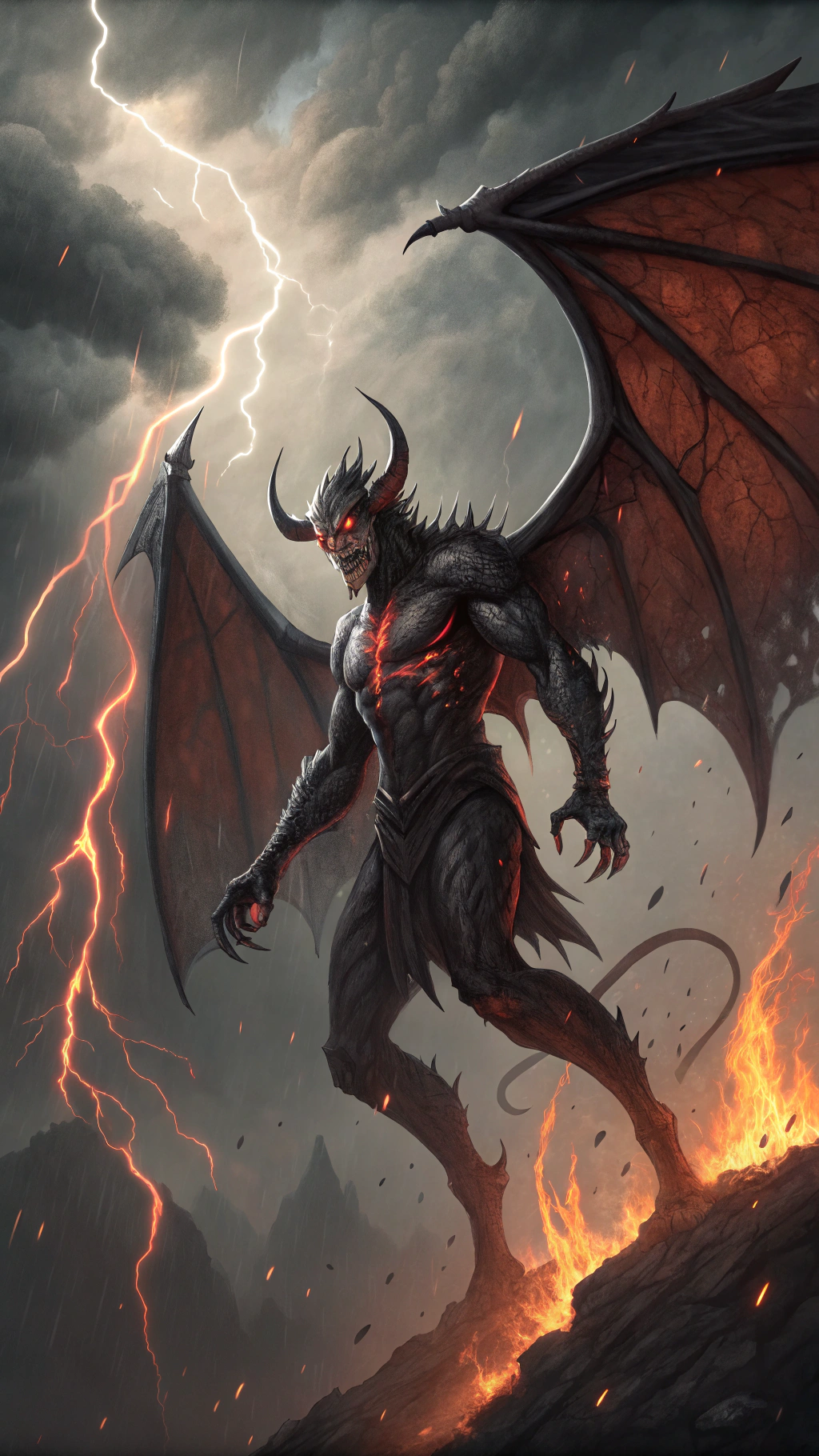 AI generated image by Red Panda AI: "Lucifer, now a monstrous, demonic figure, falls from the heavens in a fiery descent. His once-beautiful form is twisted into a terrifying creature, with black, charred skin, glowing red eyes, and massive, bat-like wings torn and scorched. Dark, blood-red veins pulse across his body as flames and embers erupt from his figure, symbolizing his corruption. He leads a fallen legion of angels, each one grotesque and distorted, as they plummet into a vast, burning abyss. The sky above is filled with storm clouds and lightning, as if the heavens themselves recoil from this fall. The scene is filled with intense, chaotic energy, with blood-red light illuminating the fiery descent, capturing Lucifer's complete transformation into Satan."