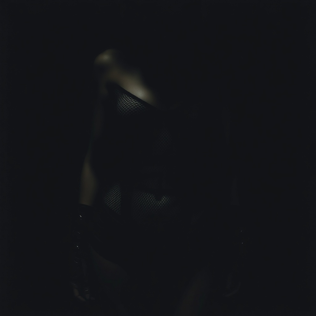 AI generated image by FLUX.1-schnell: A gritty, realistic photograph of a woman's body obscured by deep shadows against a dark wall. She is wearing a mesh bodysuit and heavy leather cuffs. Only the silhouette of the straps and the texture of the gear are visible due to extreme high-contrast lighting. No facial features are discernible in the dark. Film noir aesthetic, raw texture, candid style.
