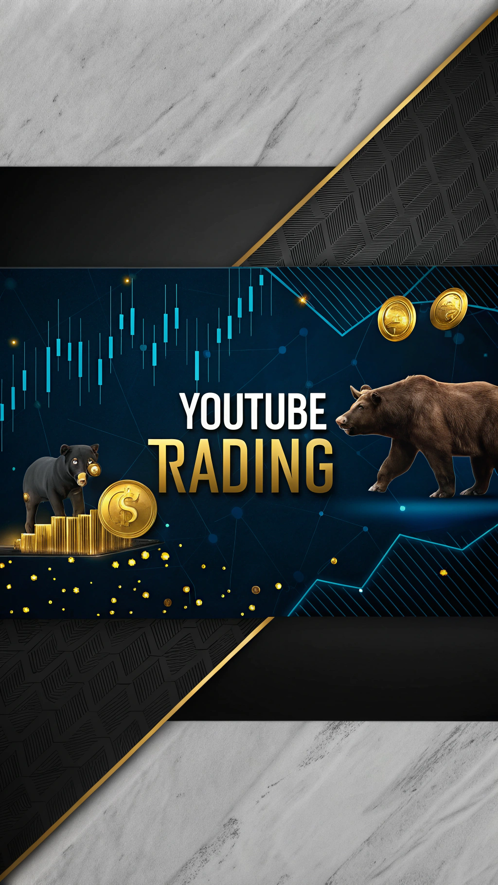 AI generated image by Red Panda AI: A sleek and professional YouTube banner design representing trading and investments, with a dark background featuring a modern, textured gradient (shades of black and dark blue). The design includes glowing candlestick charts and subtle digital financial icons like coins and stock market arrows. In the center, a bull and a bear in a dynamic fighting stance, highlighted with glowing strokes and metallic gold details to maintain a premium style. A prominent circular placeholder for a profile picture is added on the left or center-right. The design is clean and balanced, tailored to fit the YouTube banner format, with no text included."