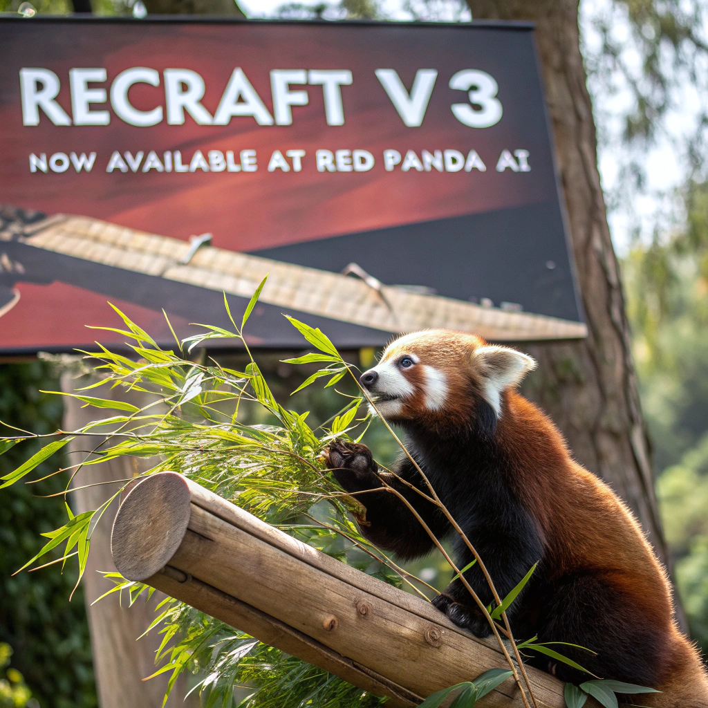 AI generated image by Red Panda AI: a red panda eating a bamboo in front of a poster that says "recraft V3 now available at red panda ai