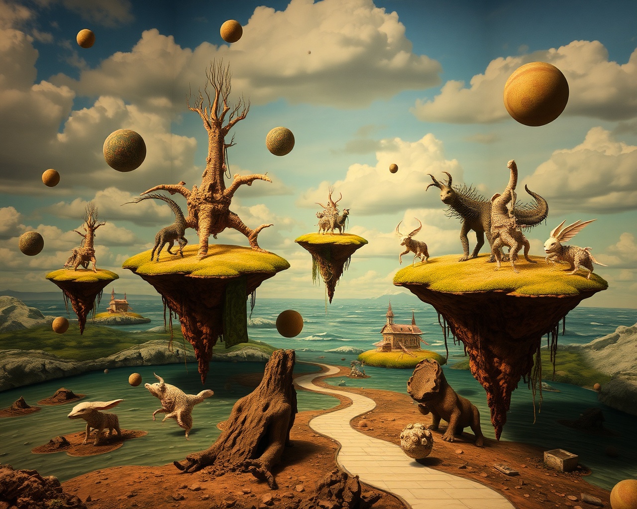 AI generated image by FLUX.1-schnell: A surreal dreamscape with floating islands and bizarre creatures, surreal, dreamlike, fantastical, strange, otherworldly, dream world, floating, inspired by Salvador Dali and Yoko Ono, Surrealism, Installation Art