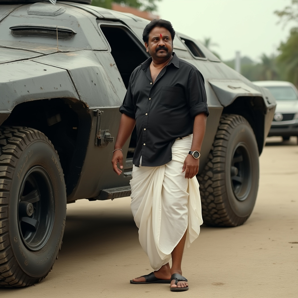 AI generated image by FLUX.1-pro: Full shot of a indian actor mamootty  standing beside a space ship
The man is middle-aged, with short dark hair and a noticeable build. He is wearing a black collared shirt and a white dhoti-style garment. His expression is neutral. He is wearing black sandals. 
The space ship is dark gray/black.  It has large tires  visible on both sides of the vehicle. The space ship open passenger-side door is ajar, revealing the interior. There are typical space  ship features like a sturdy frame, prominent fenders, and roof rails.


The ground is a light beige-tan color, with a sidewalk-style pattern.  Parts of other vehicles are visible in the background, blurred, suggestive of a street setting. 
The background includes parts of some foliage and a clear, light-gray sky. The lighting suggests an outdoor setting during the day.