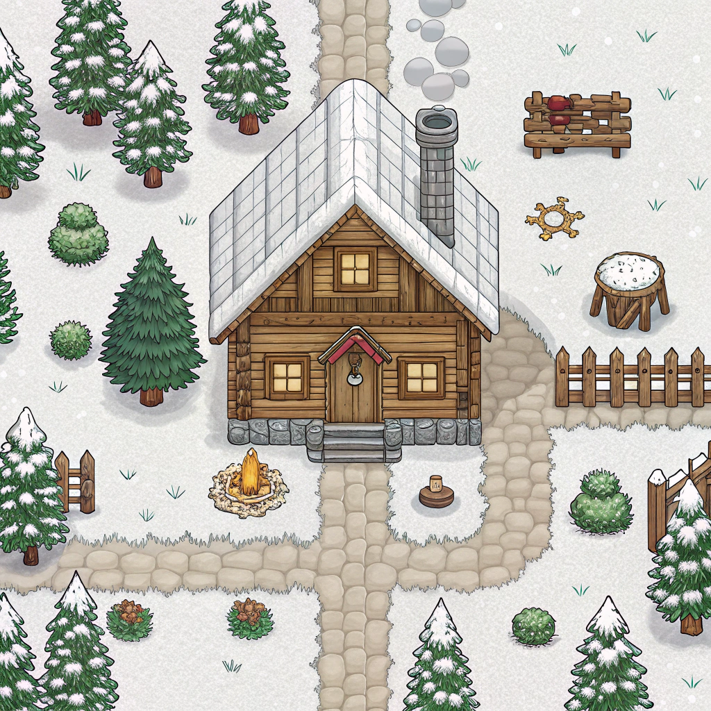 AI generated image by Red Panda AI: 2d tileset rpg snow village with wooden cabin surrounded by snow, snowy coniferous trees and objects indicating human activity.
