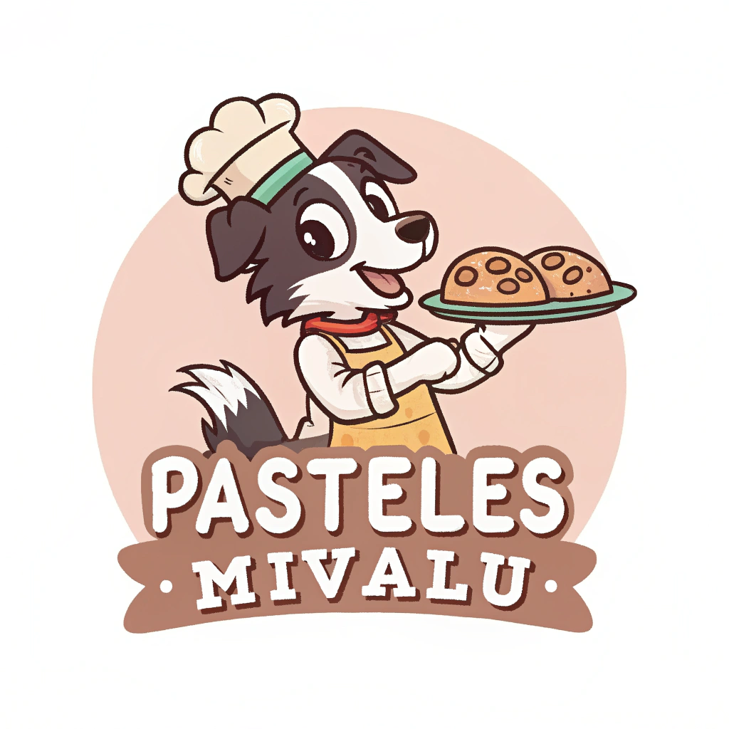 AI generated image by Red Panda AI: Genera una imagen de un perro border collie animado tipo cup head, en el que el perro sea un pastelero y sostenga en su mano una bandeja de empandas, hazlo tipo logo con un fondo liso unicolor pastel con un logo que diga "Pasteles Mivalu"