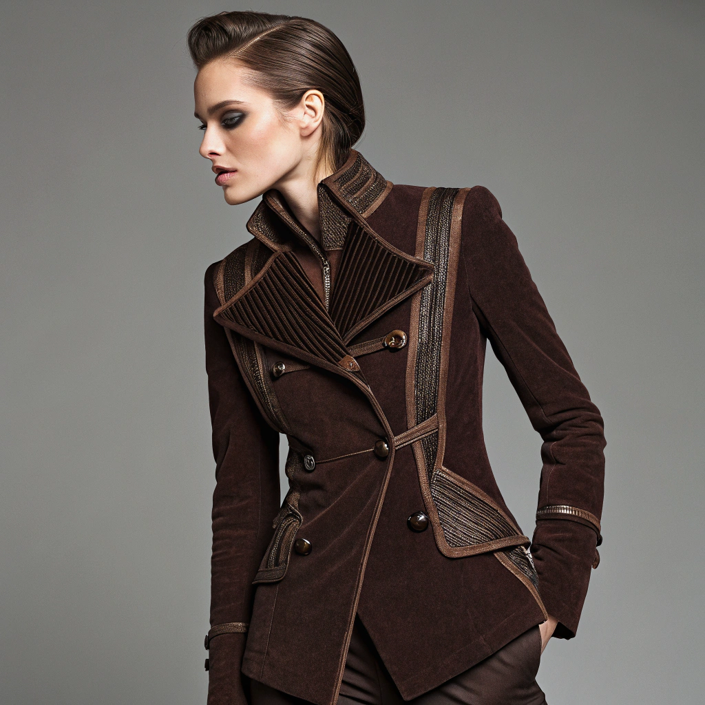 AI generated image by FLUX.1-schnell: Deconstructed Chocolate Forest corduroy jacket, haute couture 