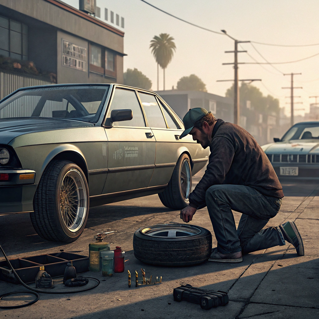 AI generated image by Red Panda AI: Ake me.a ilustrated photo. Something like GTA 6 ILLUSTRATED. Man who change wheels on car. With car in back. 