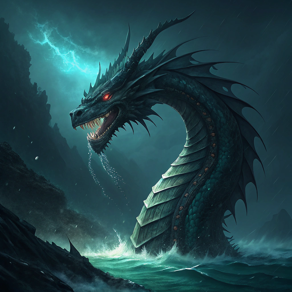 AI generated image by Red Panda AI: "A colossal sea serpent in the depths of the ocean, its body twisted and powerful, with sharp scales and glowing eyes, symbolizing the unstoppable force of nature, with a dark and mysterious atmosphere."