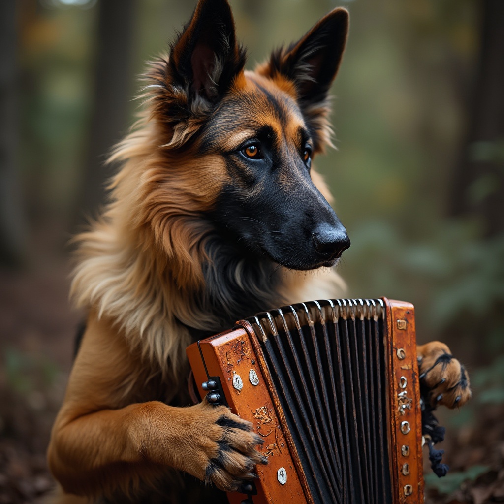 AI generated image by FLUX-Realism-Lora: a belgian shepherd dog playing a button accordion
