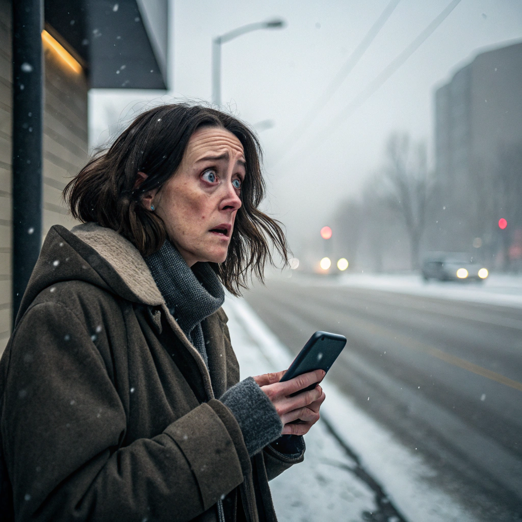 AI generated image by Red Panda AI: A realistic image of a woman in her mid-30s standing outside on a cold December morning, holding her smartphone with a shocked and anxious expression. She has shoulder-length dark brown hair, slightly tousled by the wind. She’s wearing a worn coat, and her face is pale with worry. The background shows a gray, snowy urban street. Soft lighting emphasizes her isolation and the harshness of winter.