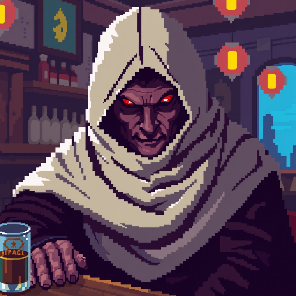 AI generated image by FLUX.1-schnell: Pixel art of a cloaked man wearing a sack hood covering his face except his glaring red eyes as he sits in a bar