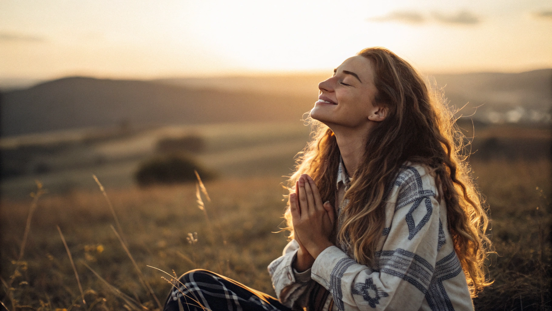 AI generated image by Red Panda AI: "Una mujer joven con cabello largo y ondulado, sentada en un campo abierto durante el atardecer. Su rostro refleja serenidad y paz mientras mantiene los ojos cerrados y una ligera sonrisa. Sostiene sus manos en un gesto de meditación o oración. La luz cálida del sol brilla intensamente, creando un resplandor dorado que envuelve la escena. El fondo muestra colinas suaves y difuminadas, con un efecto de desenfoque que resalta la tranquilidad del momento. La atmósfera transmite espiritualidad, calma y conexión con la naturaleza."