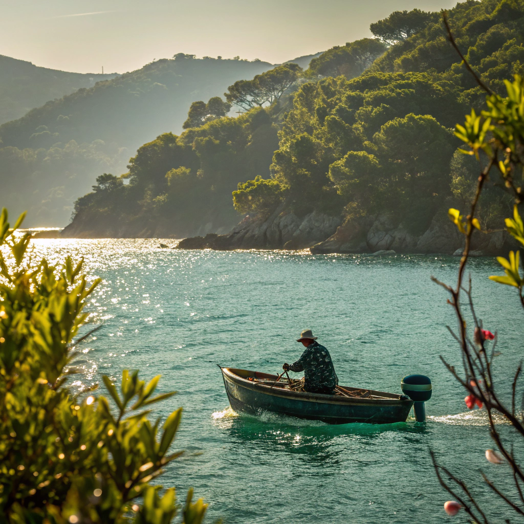 AI generated image by Red Panda AI: A fisherman in the boat close to the Mediterranean coast with lush vegetation, amid the afternoon sunlight, without sun, visible and with beautiful emeralds color of the seawater