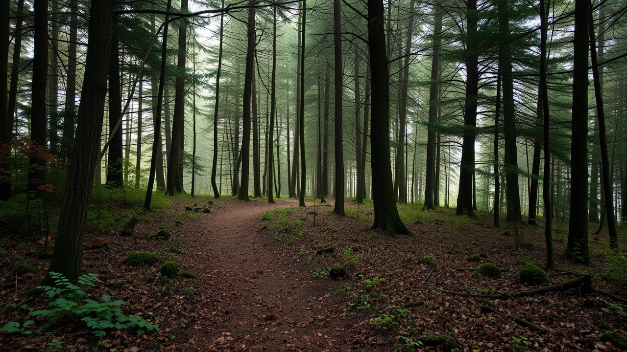 AI generated image by FLUX.1-schnell: Ein Hohlweg durch einen dunklen und furchterregenden Wald