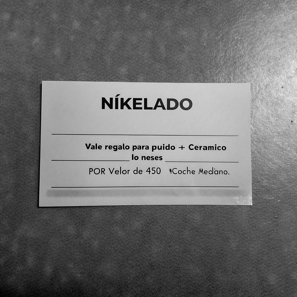 AI generated image by Red Panda AI: Haz un vale regalo (para una empresa de limpieza de coches) que ponga:
Vale regalo para
Pulido + ceramico 18 meses
Por valor de 450€

*coche mediano*
La empresa ese llama nikelado y en español