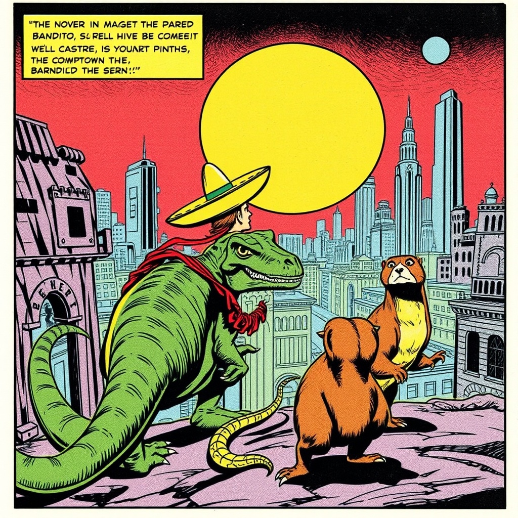 AI generated image by FLUX.1-schnell: A picture of a panel of a 1970s comic book with a Mexican bandito, a dinosaur, a snake and a weasel looking out at a futuristic city