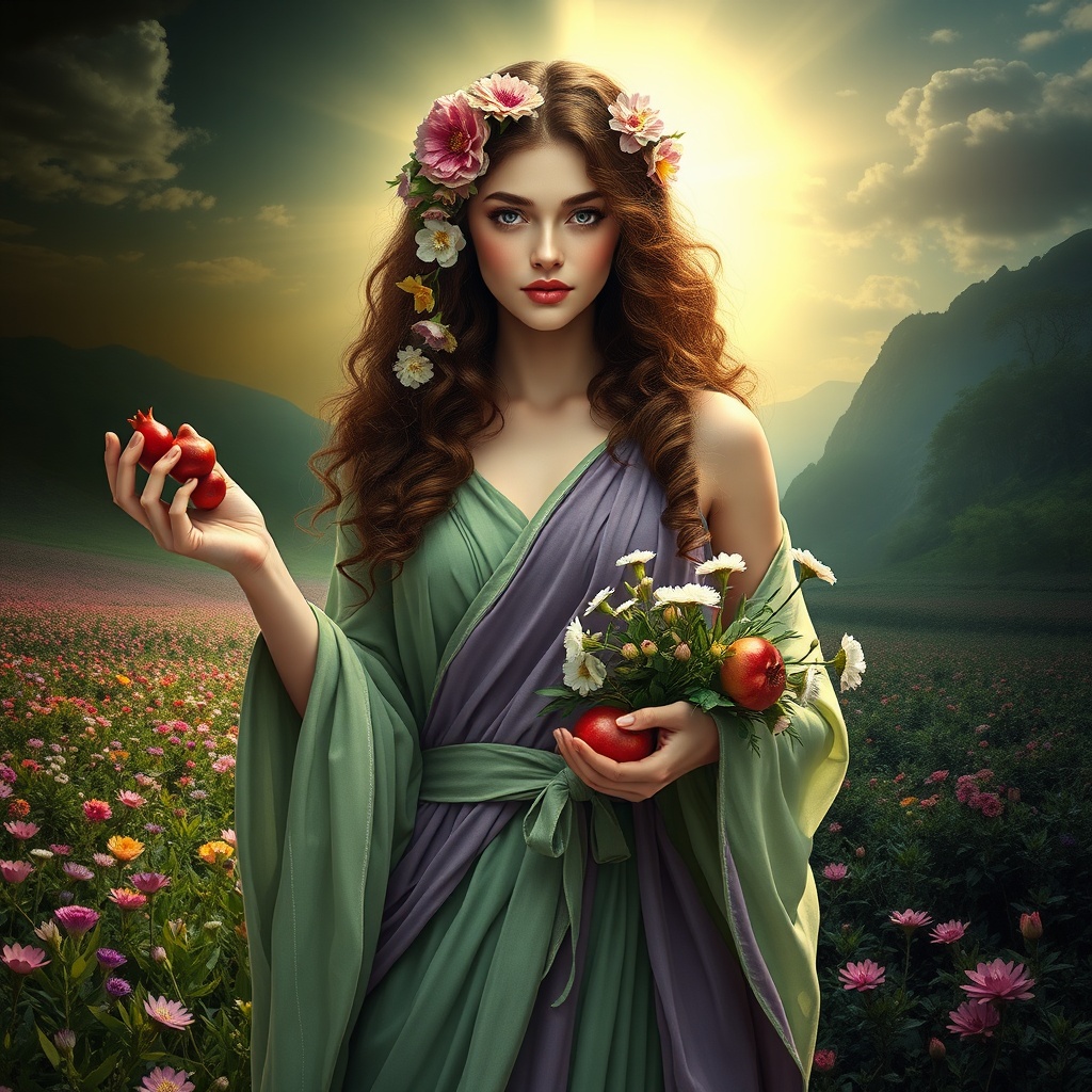 AI generated image by FLUX.1-schnell: Create an ultra-realistic image of Persephone, the Greek goddess of spring and queen of the underworld. She should be represented as a beautiful and serene young woman, with long curly hair adorned with spring flowers. In one hand, she holds pomegranate seeds, symbolizing her connection to the underworld, while in the other she holds a bouquet of fresh flowers. Your clothing should be an ethereal robe that flows with colors that evoke both the light of day and the darkness of the underworld, combining green and purple tones. The background must show a dual landscape: a flowering field under the sun on one side and a dark and mysterious underworld on the other, reflecting her duality as a goddess of life and death.
