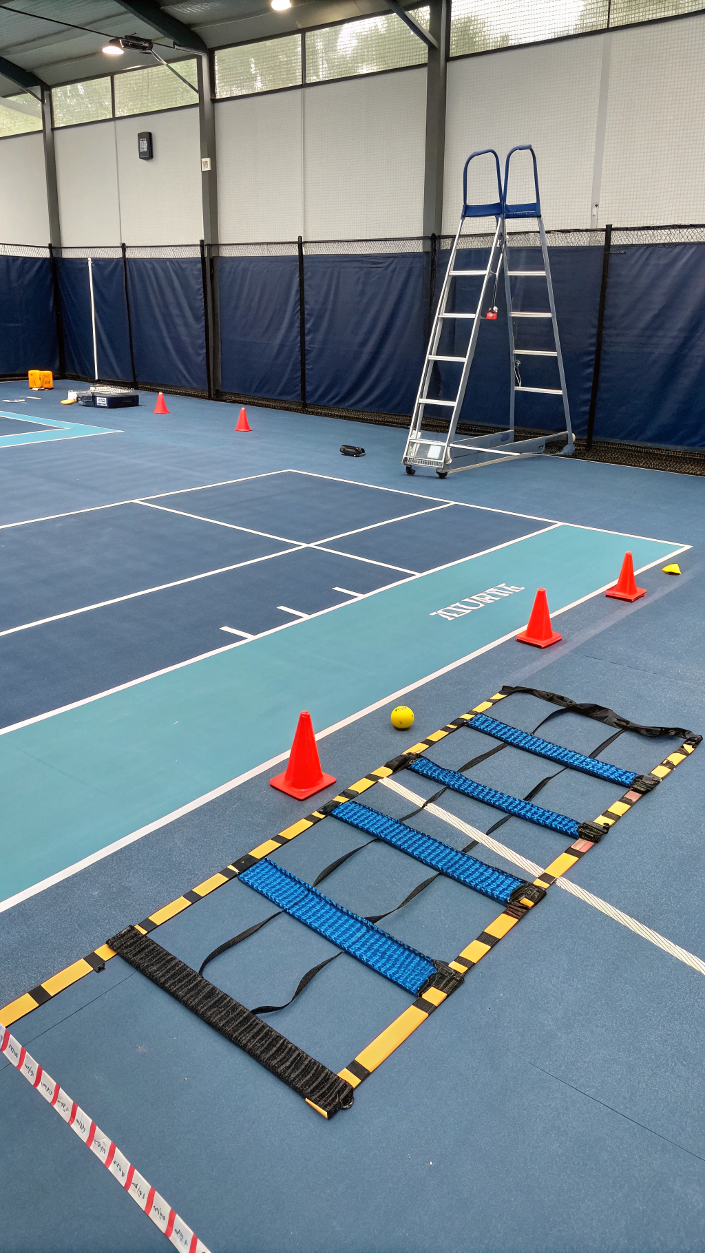 AI generated image by Red Panda AI: elementos de entrenamiento funcional (conos, bandas, escalera etc), sobre una cancha de pickleball cerrada, con el piso de la cancha de color azul y celeste, y la parte del piso que no es cancha, de color gris oscuro