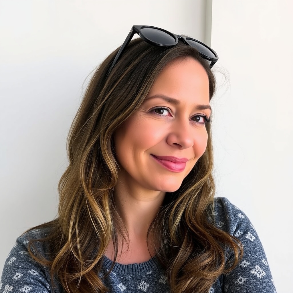 AI generated image by FLUX.1-schnell: Schriftstellerin. Schreibtisch. Dunkelbraune Haare. Sommersprossen. Brille. Mutter Philippinen. Vater Deutschland. 