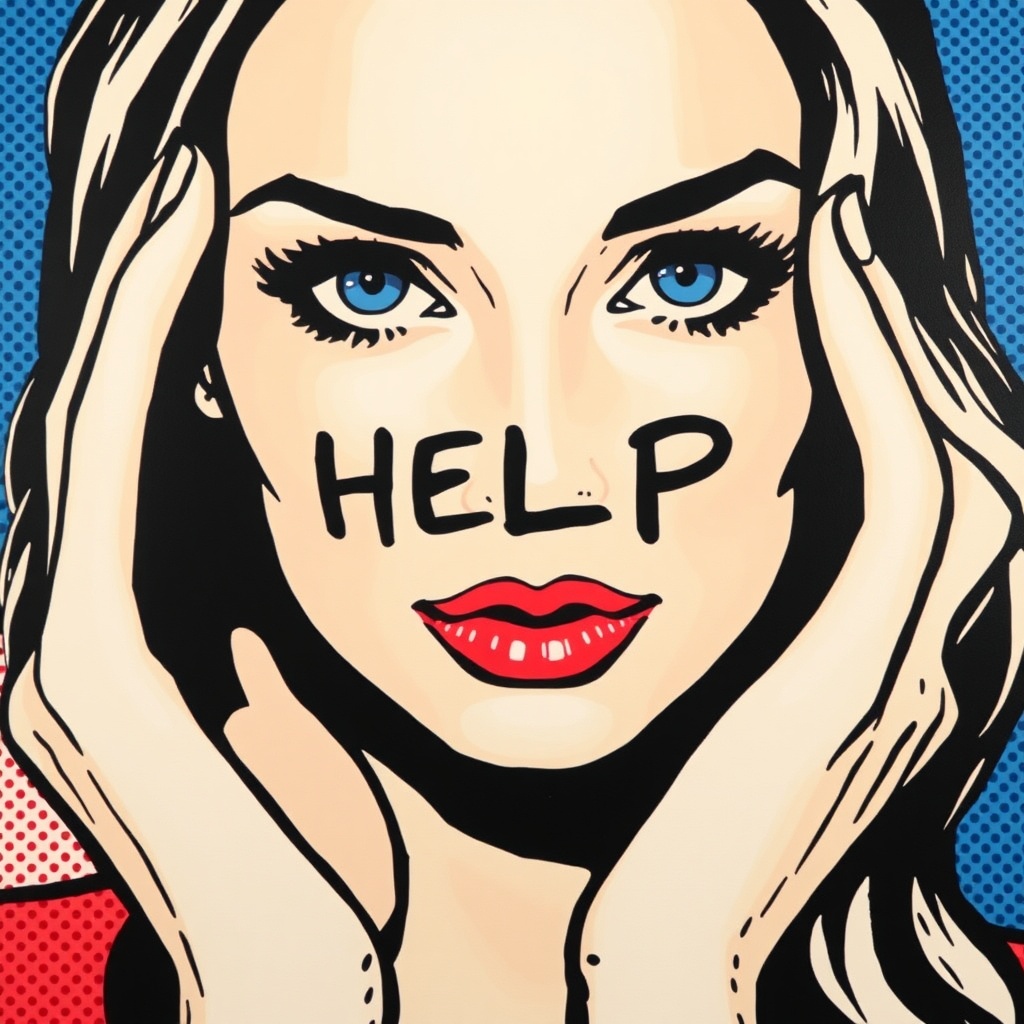 AI generated image by FLUX.1-schnell: Dot Painting of a woman with blue eyes saying "HELP" in the style of Roy Lichtenstein