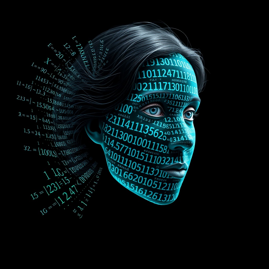 AI generated image by FLUX.1-schnell: Ada Lovelace's face as a digital mask made from thousands of turquoise numbers and formulas forming his face. the formulas and numbers fly behind the mask leaving a trail of complexity. the mask is floating dynamically in mid air. his head is turned to the right but his eyes are looking directly into the camera. the mask is on a black background.  like a png with black only background. photo realistic, sci-fi, human features hair