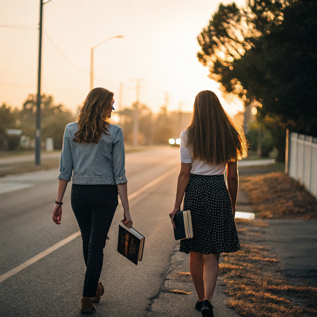 AI generated image by Red Panda AI: Duas mulheres com uma Bíblia na mão andando em uma estada. Vista de trás