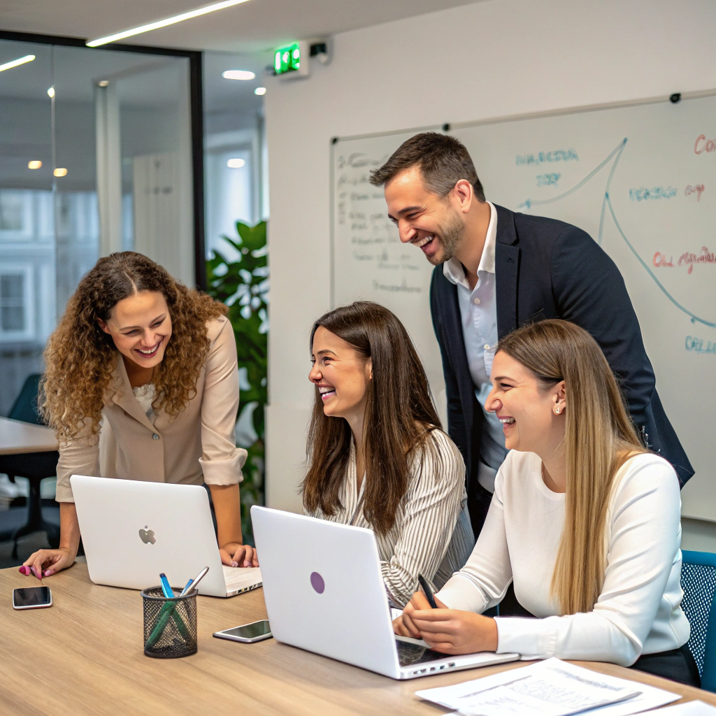 AI generated image by Red Panda AI: équipe de travail dans un bureau 
4 femmes et 1 homme 
tableau - ordinateur  - téléphone 
cohésion d'équipe - travail - rire