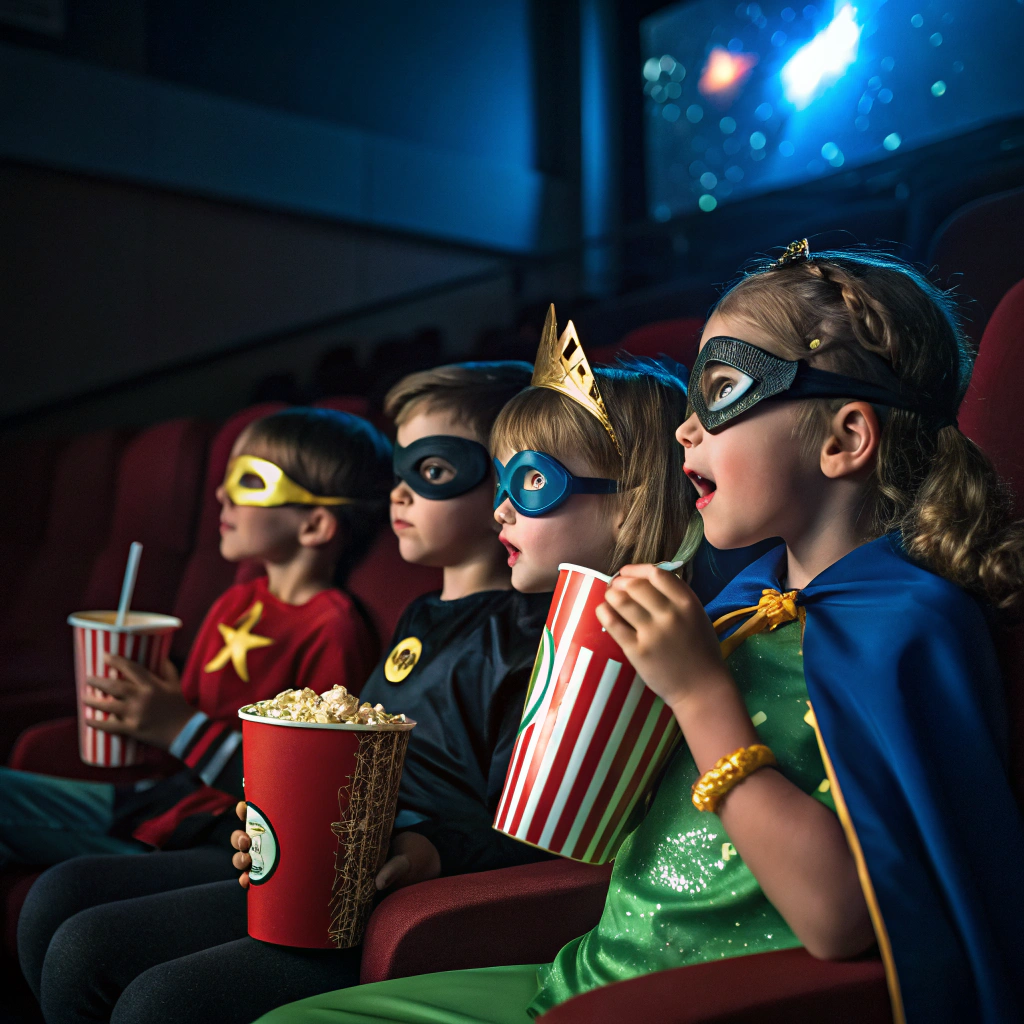 AI generated image by Red Panda AI: Prompt:
A photorealistic scene of a group of children in a themed movie theater, eating popcorn and drinking soda while watching a horror movie. Each child is dressed in costumes inspired by iconic superheroes, such as a boy wearing a red and blue cape (without logos), a girl with a golden tiara and shiny bracelets, another child with a black mask and cape, and one in a bright green outfit. The theater is dimly lit with a bluish glow coming from the movie screen, creating a cozy yet slightly eerie atmosphere.

