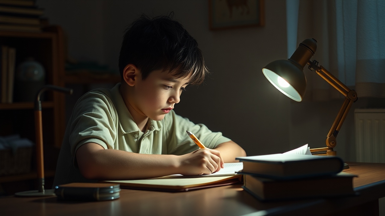 AI generated image by FLUX.1-schnell: Boy studying on a study desk with a lamp on the table from the side, ((dead wax)) on the side, but focused on the boy.