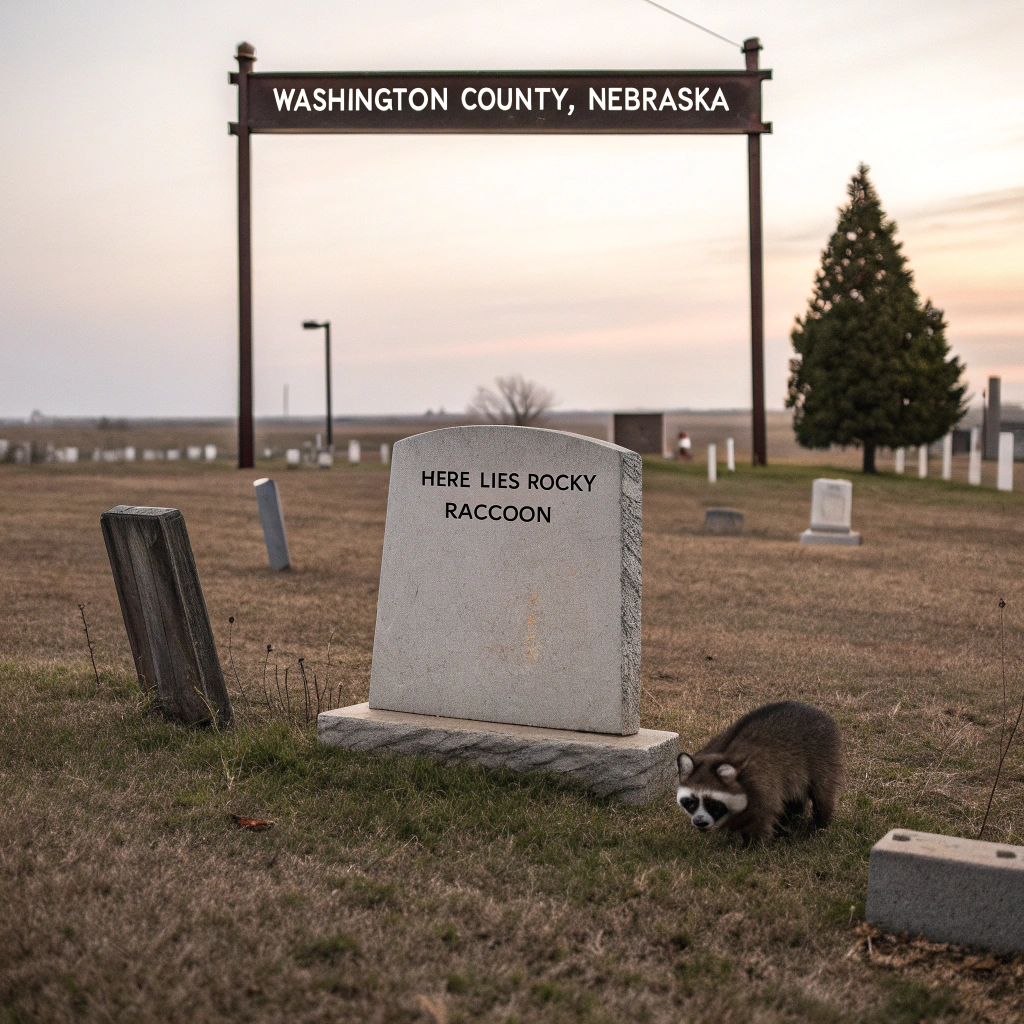 AI generated image by Red Panda AI: raccoon graveyard, tombstone reads "Here Lies Rocky Raccoon", and "Washington, County, Nebraska" sign somewhere