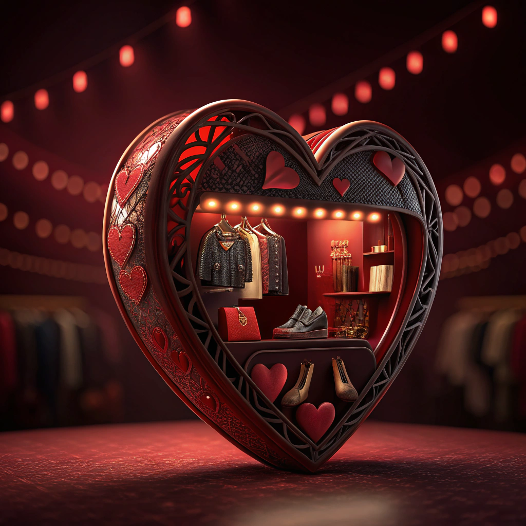 AI generated image by Red Panda AI: heart illustration drawing. the heart will be 3D. the background should be dark red and blurry. there should be shopping themes inside and on the heart. very realistic, scenamtic image, cinematic lighting, very realistic, 8k. advertising shooting, bright colors