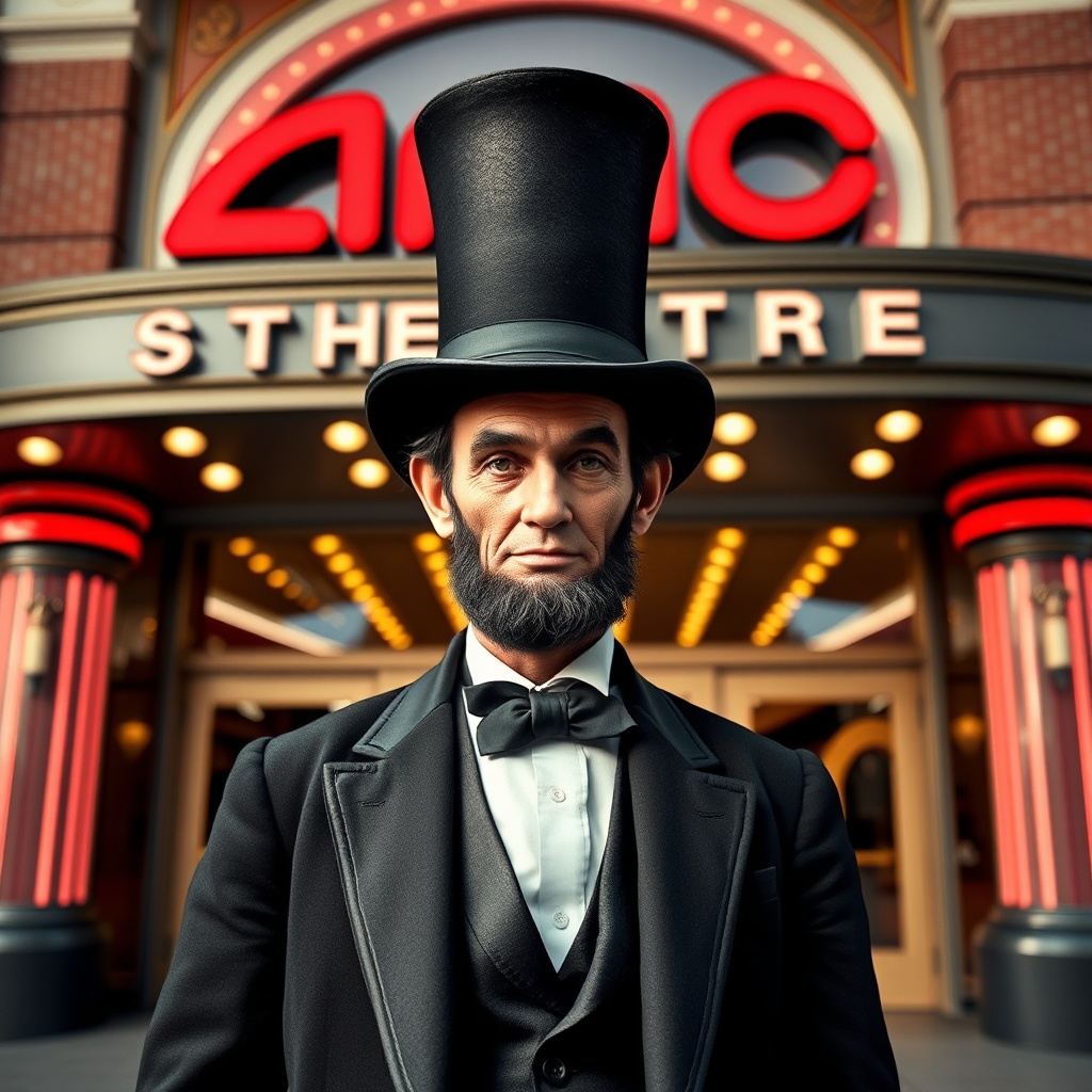 AI generated image by FLUX.1-schnell: Create an image of Abraham Lincoln standing in front of AMC Theatres. Make it look like a retro AMC Theatres. Have abe wear the top hat