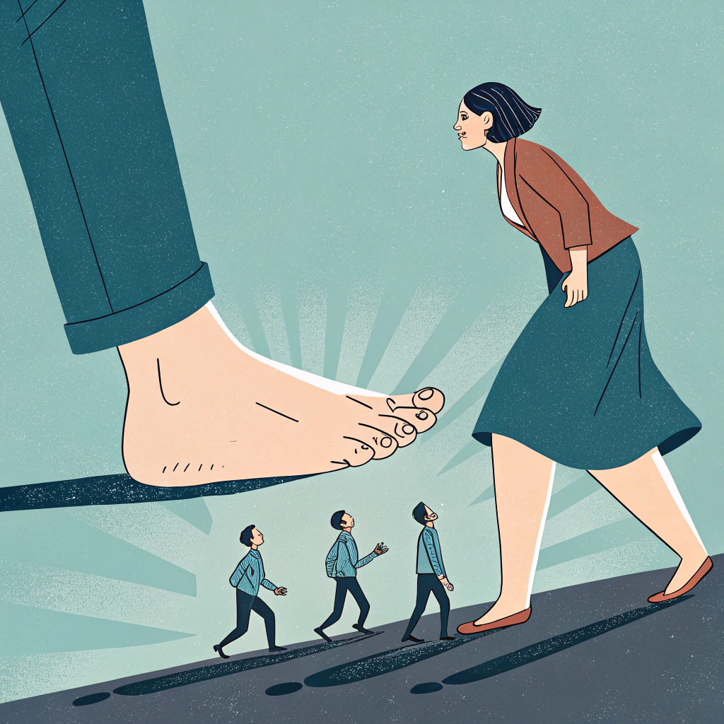 AI generated image by Red Panda AI: A giant woman towering over a group of tiny men. The woman is about to stomp down on them. She is barefoot and her foot sole is visible.