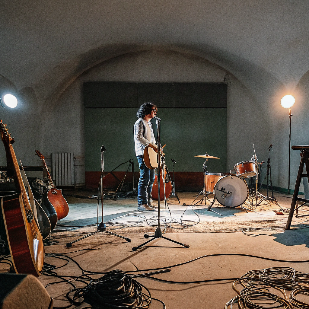 AI generated image by Red Panda AI: Create an image of a dimly lit, intimate stage. The scene should feel raw and authentic, with musical instruments like guitars, a drum set, and cables scattered casually across the floor, as if recently used. At the center of the stage stands a microphone on a stand, with a single person standing nearby, facing forward with a relaxed and grounded posture. The person’s expression is introspective, adding a sense of calm and focus. The lighting is warm and soft, casting subtle shadows that emphasize the contrast between light and dark areas, creating a cinematic, almost underground vibe. The entire composition is balanced, with the main subject positioned in the center but allowing details to emerge from the edges. The mood should feel reflective and slightly gritty, capturing the essence of an intimate live performance space.