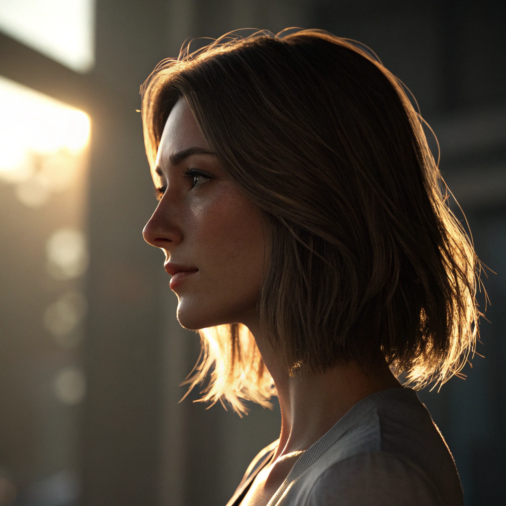 AI generated image by Red Panda AI: A realistic, neutral avatar of a woman with medium-length hair, backlit from a single side to create an asymmetrical glow. The light source is positioned slightly behind and to the side, casting one side of her face and shoulder in a soft, subtle glow, while the opposite side remains in deeper shadow. Only a faint outline of the nose is visible, with other facial features obscured to maintain anonymity. This asymmetrical lighting effect adds depth and realism, providing a professional, unidentifiable look. The background is softly blurred to keep focus on the silhouetted form, ideal for a generic avatar on a website.