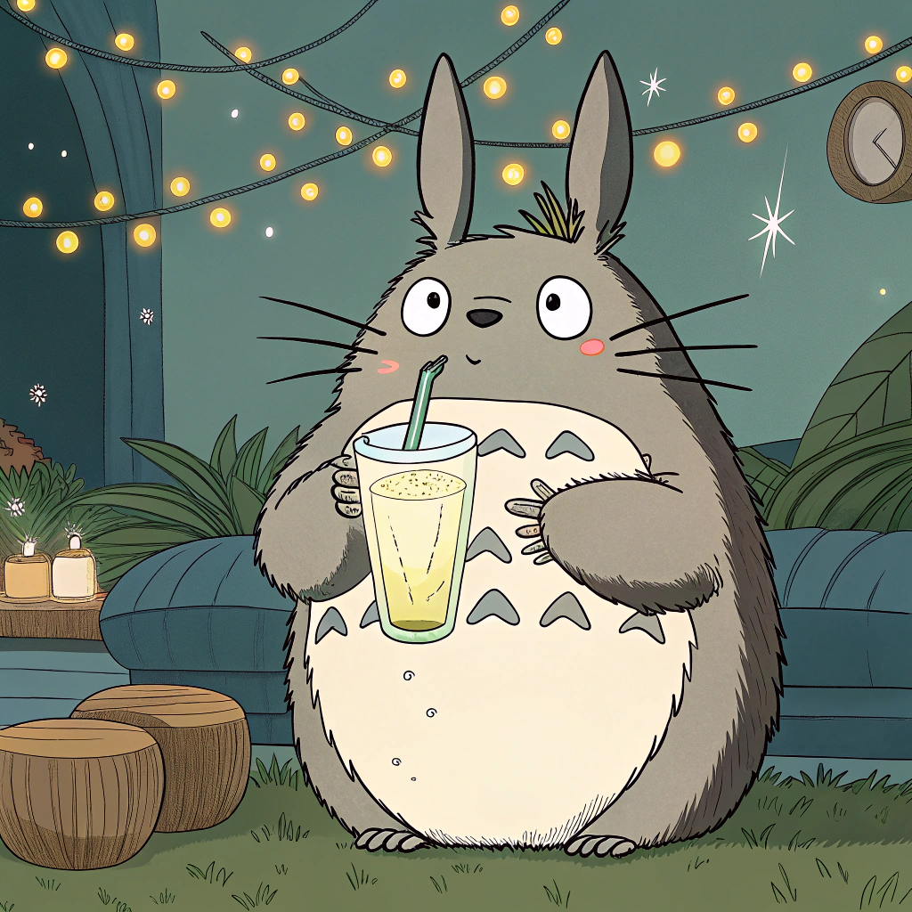 AI generated image by FLUX.1-schnell: Ghibli Character Totoro drinks Highball in glass