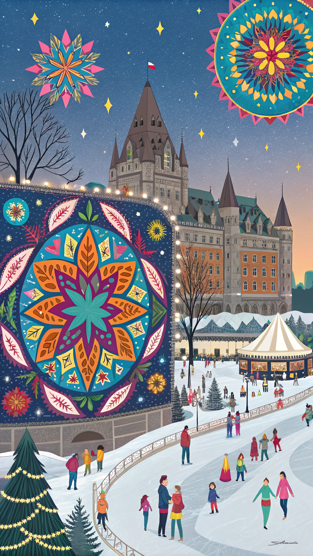 AI generated image by Red Panda AI: Festival Kaleidoscopes, ville de Québec du 27 au 31 décembre 2024, format 1080 X 1920 