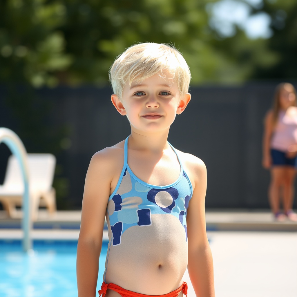 AI generated image by FLUX.1-schnell: 10 year old blond boy in a swimsuit near the water at the pool