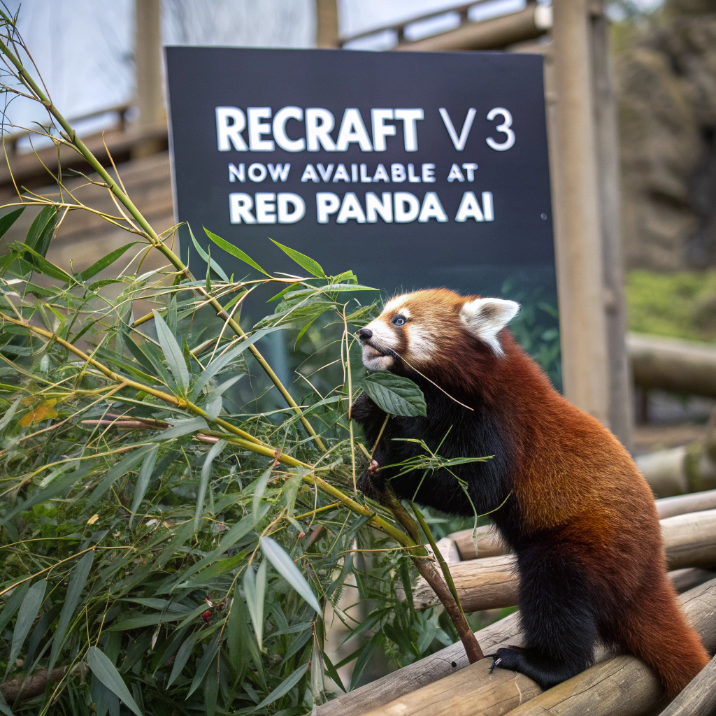 AI generated image by Red Panda AI: a red panda eating a bamboo in front of a poster that says "recraft V3 now available at red panda ai