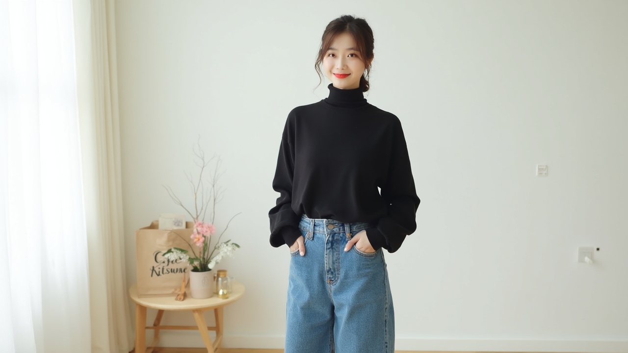 AI generated image by FLUX-Realism-Lora:  a korean pretty woman standing confidently in a minimalist, well-lit indoor space. She is dressed in a sleek and casual outfit, exuding effortless style and charm. Her attire consists of a black turtleneck sweater with a loose, comfortable fit that gives off a cozy yet chic vibe. The long sleeves add to the polished and relaxed look.

She pairs the sweater with high-waisted blue jeans that fit snugly around the waist and hips, gradually flaring out towards the hem. The jeans have a classic design with no visible embellishments, emphasizing simplicity and timeless fashion. She is also wearing black shoes, blending seamlessly with the overall outfit and complementing the black turtleneck.

Her hair is styled in a neat, low bun with loose strands framing her face, enhancing her natural elegance. She wears a subtle smile, radiating confidence and warmth, while her makeup is minimal, with a touch of red lipstick that adds a pop of color to her look.

In the background, there is a small wooden side table on the left. The table holds a variety of decorative items, including a light brown paper bag with the text “Café Kitsuné,” some flowers in soft pink and white tones, and a cup, creating a cozy and welcoming atmosphere. The table’s design is simple, with clean lines that match the minimalist decor of the room.

The setting is bright, with soft, natural light streaming in from the left through sheer white curtains. The floor is made of light wood, complementing the clean white walls and contributing to the serene and airy environment. A small wall socket near the floor provides a subtle touch of modernity to the otherwise simple decor.

The overall composition highlights the woman’s stylish yet understated outfit, her poised posture, and the harmonious, uncluttered environment around her. The scene feels both modern and inviting, with an emphasis on natural light and minimalist aesthetics.

Rendered in ultra-high-resolution 8K, designed for photorealistic detail and vivid realism."