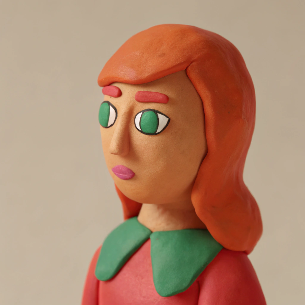 AI generated image by Red Panda AI: 3D render of adult anime-style female character, soft shading, subdued color palette, warm orange hair, bright green eyes, narrow eyes, upper body portrait from shoulders up, face in full view, looking straight, plain neutral background, octane render, unreal engine
