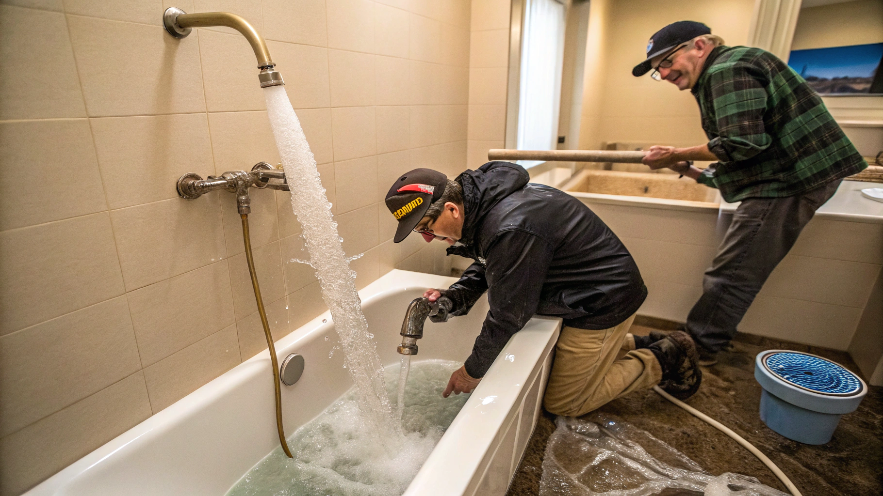 AI generated image by Red Panda AI: trying to fill a bathtub while someone else is draining it through a much larger pipe