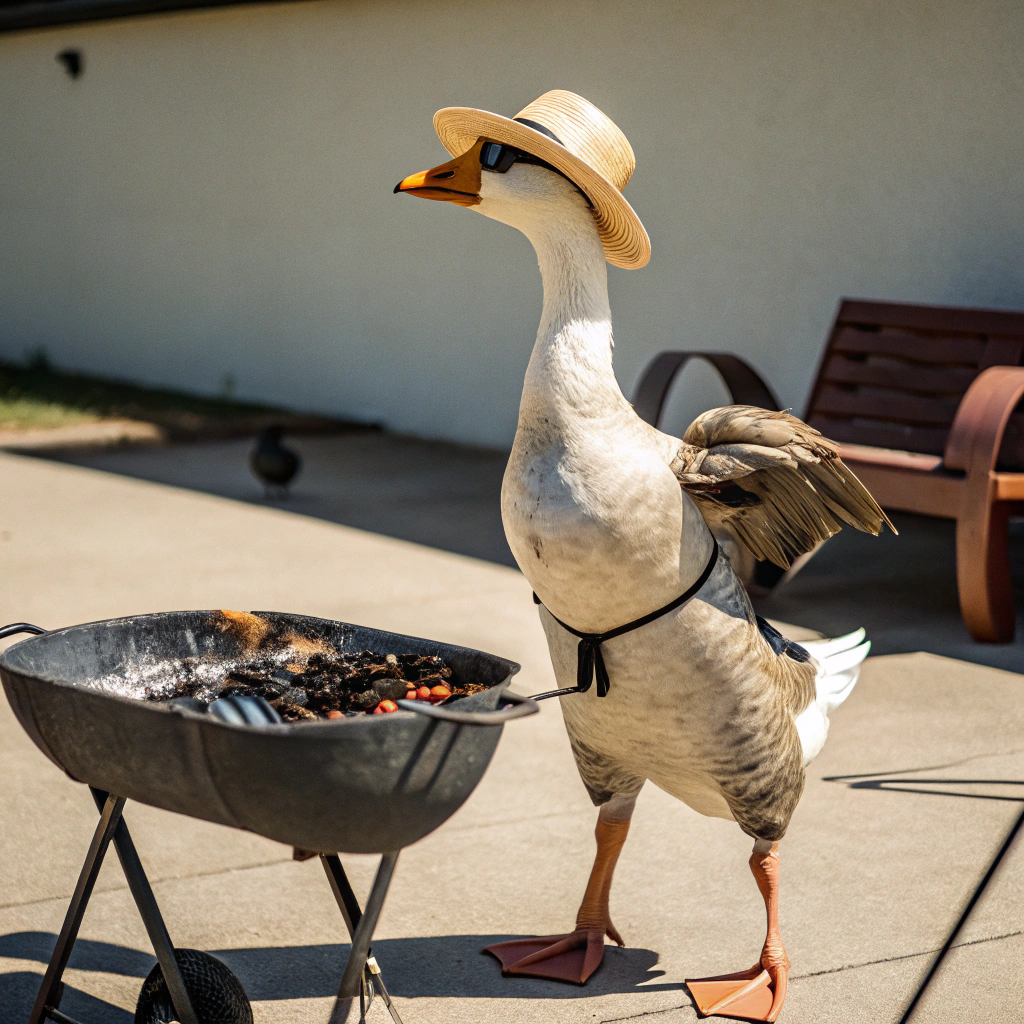 AI generated image by Red Panda AI: Um Ganso (pato) velho humanoide (tem boco, penas, mas tem braços e pernas humanas, e está em pé , com óculos escuros, chapéu bege, vestindo apenas cueca, fazendo churrasco