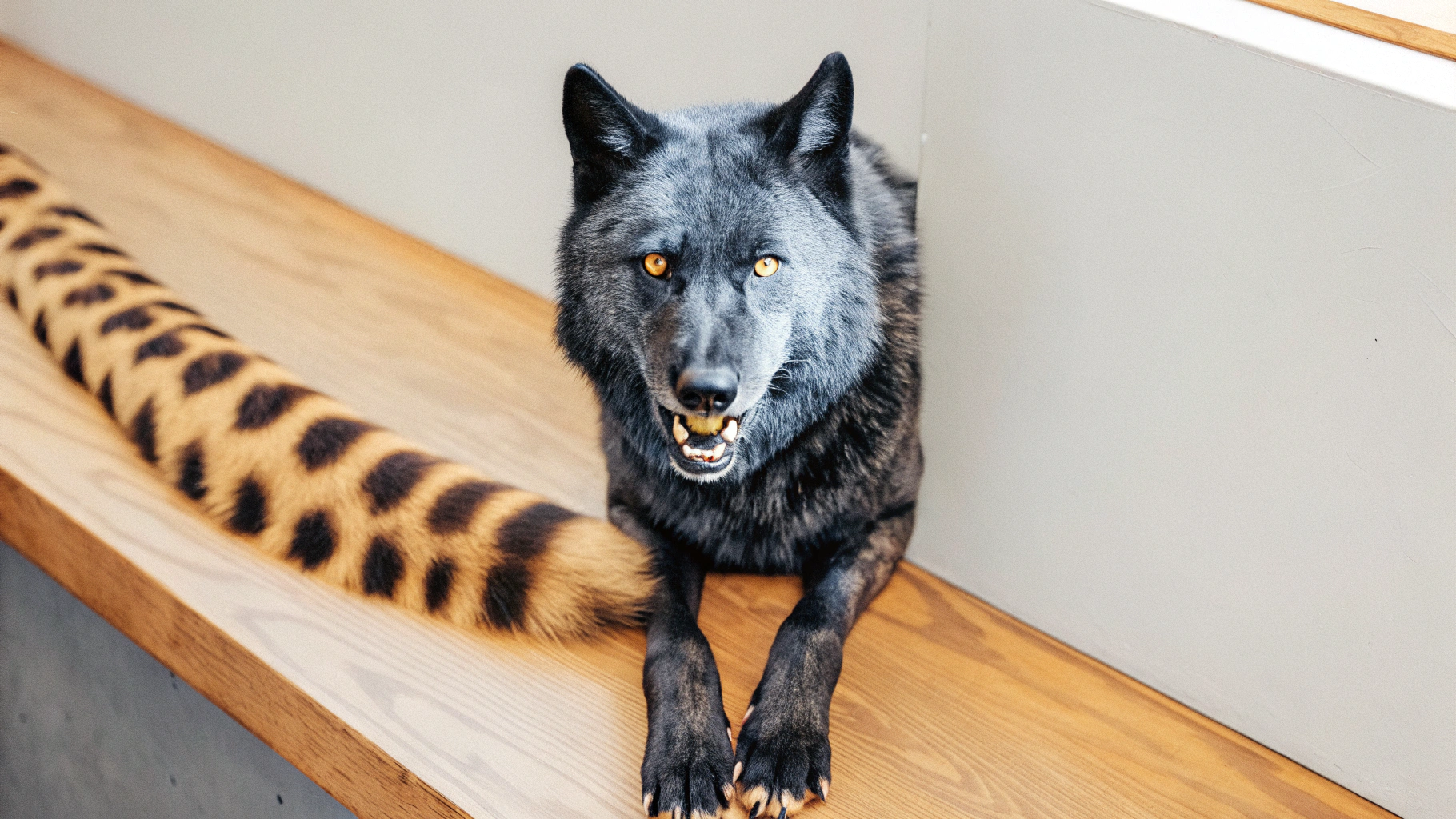 AI generated image by Red Panda AI: I want a black wolf with panther's paws and tail