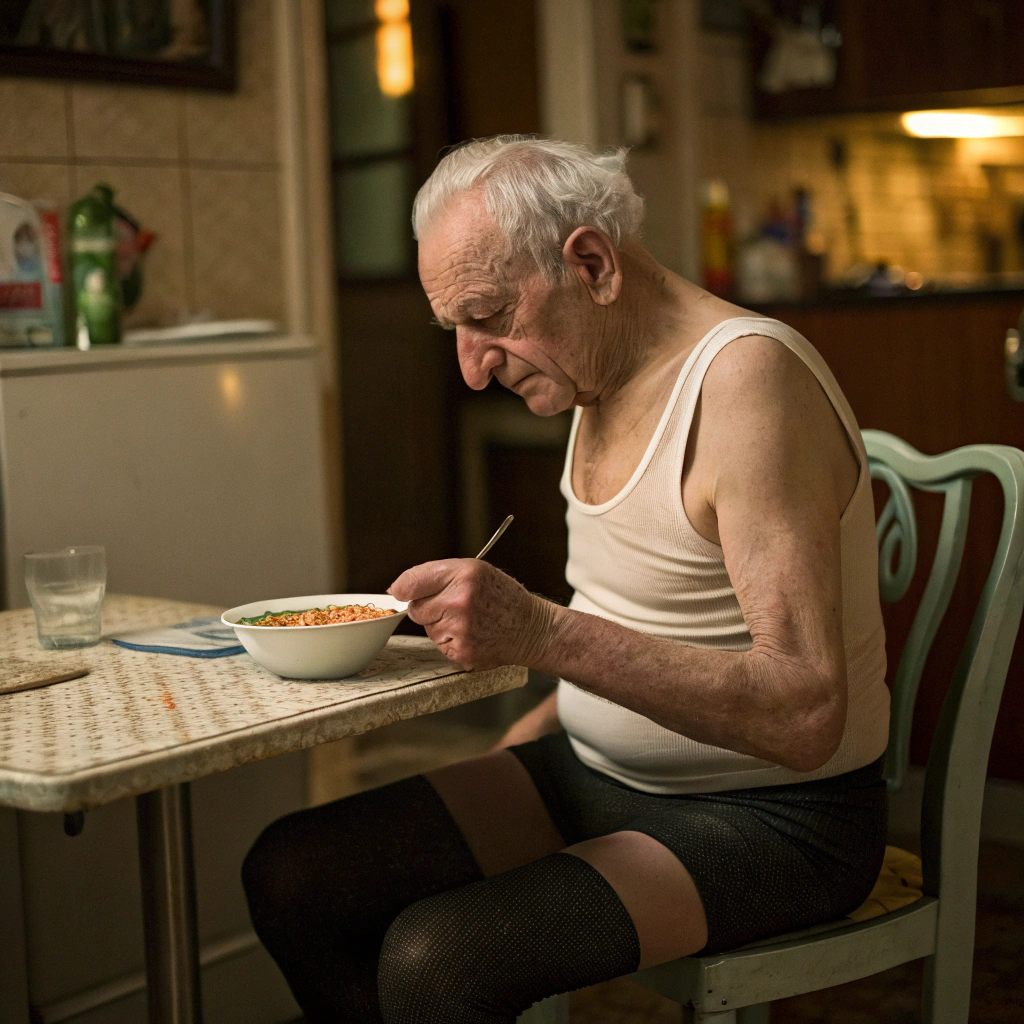AI generated image by Red Panda AI: old man wearing tank top and tights eating cereal