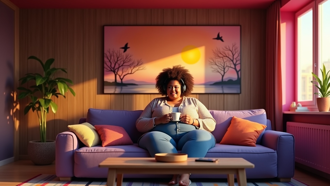 AI generated image by FLUX.1: In a warmly lit indoor setting, possibly a cozy living room, a vibrant red ceiling contrasts beautifully against a wooden wall adorned with a large, serene artwork depicting a sunset scene featuring birds, trees, and a tranquil body of water. A big boobs woman with curly hair, wearing headphones and a patterned shirt, sits gracefully on a plush purple couch, cradling a steaming cup of hot beverage. Natural light pours in from a window with a bright pink frame on the right, casting soft shadows across a multicolored rug and a few decorative cushions and a vase scattered around, while a wooden coffee table in front of her holds a potted plant.