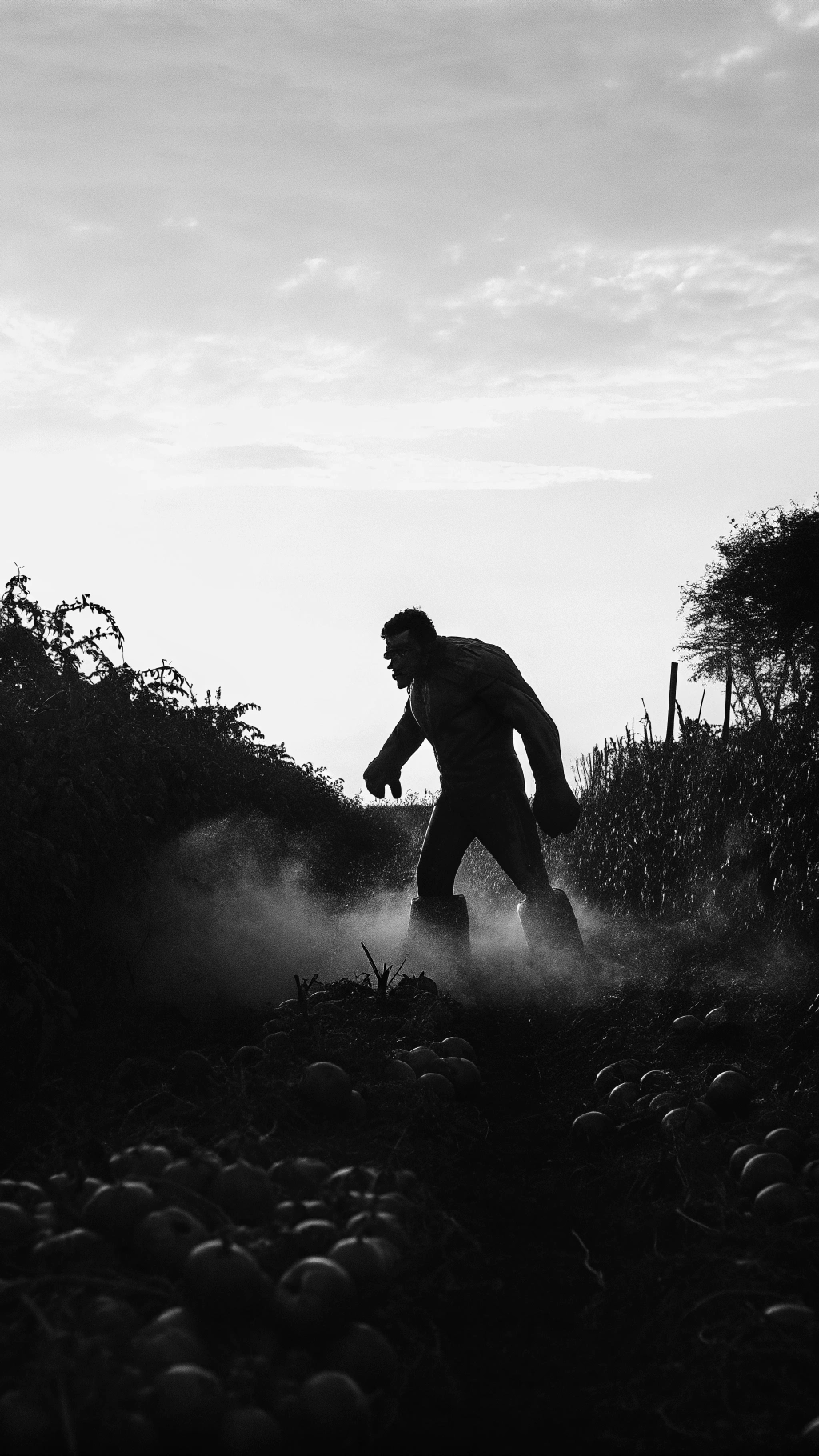 AI generated image by Red Panda AI: A green monster stomping through a tomato field of ripe tomatoes. Dawn at a tomato farm