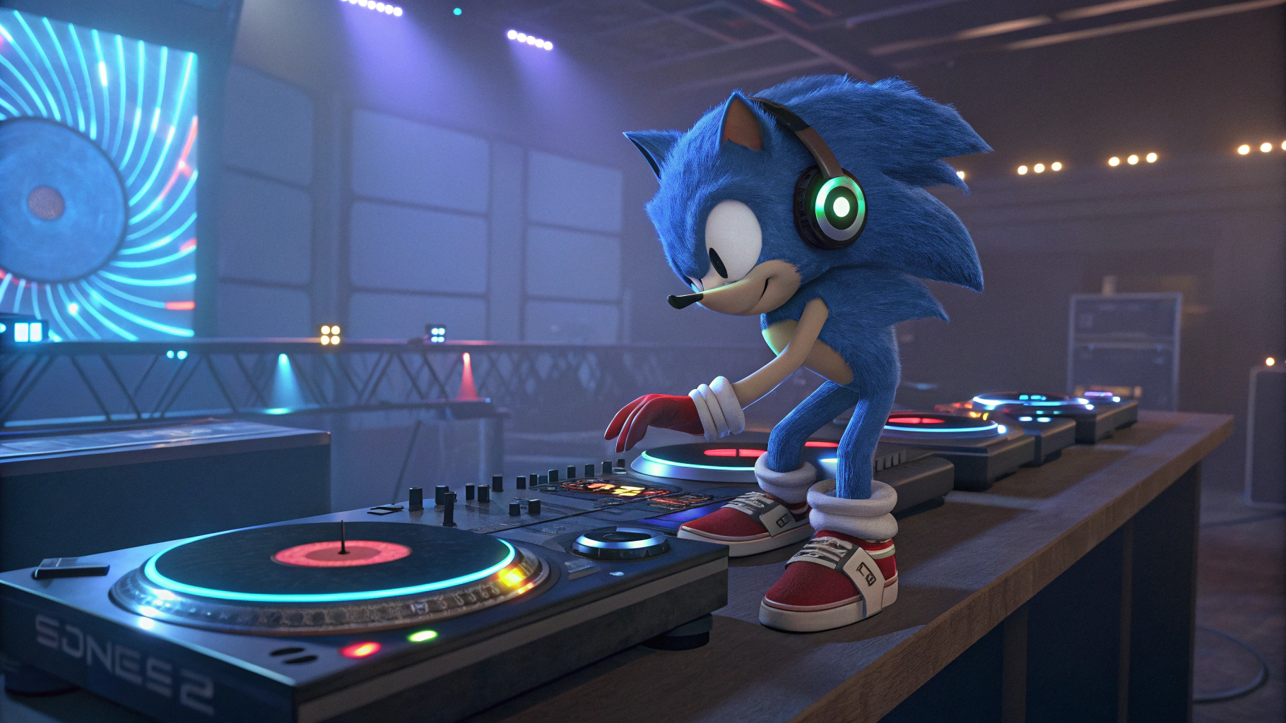 AI generated image by Red Panda AI: El personaje de video Game, "SONIC", pasando discos de música en una mesa de mezclas de "DJ"