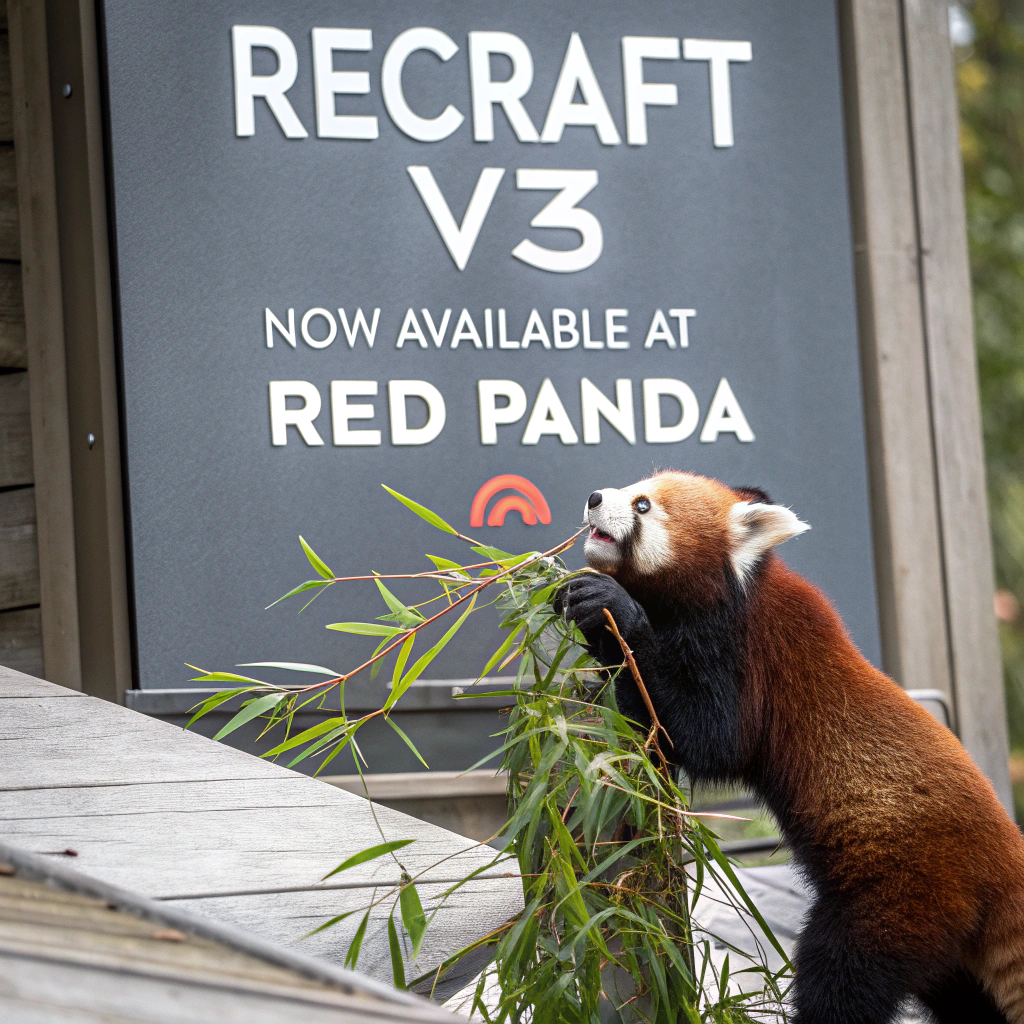 AI generated image by Red Panda AI: a red panda eating a bamboo in front of a poster that says "recraft V3 now available at red panda ai