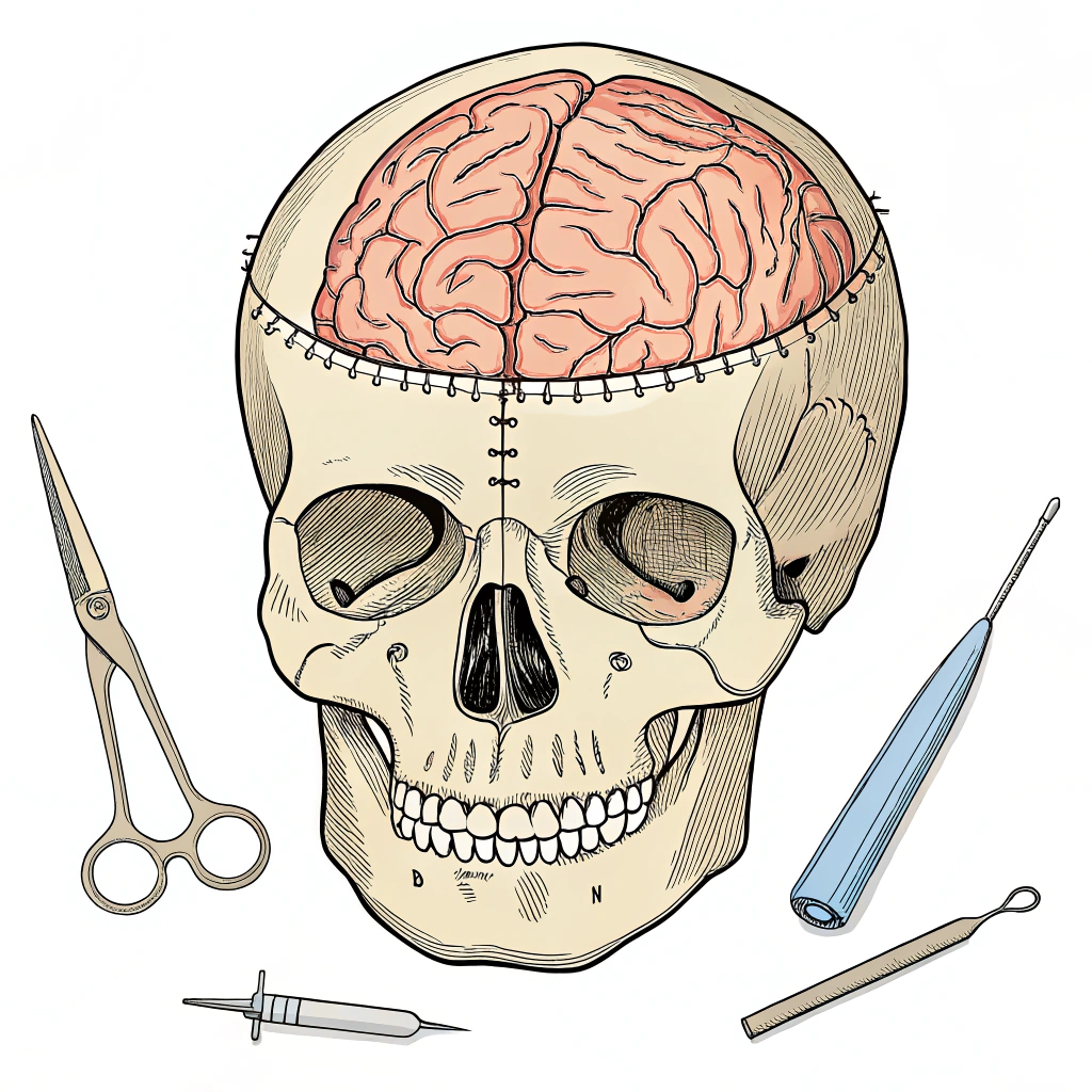 AI generated image by Red Panda AI: dibujo animado cadaver donde se enfoca el cerebro marcado para cirugía (incisiones y herramientas visibles, sin connotación forense directa pero solo en el craneo).