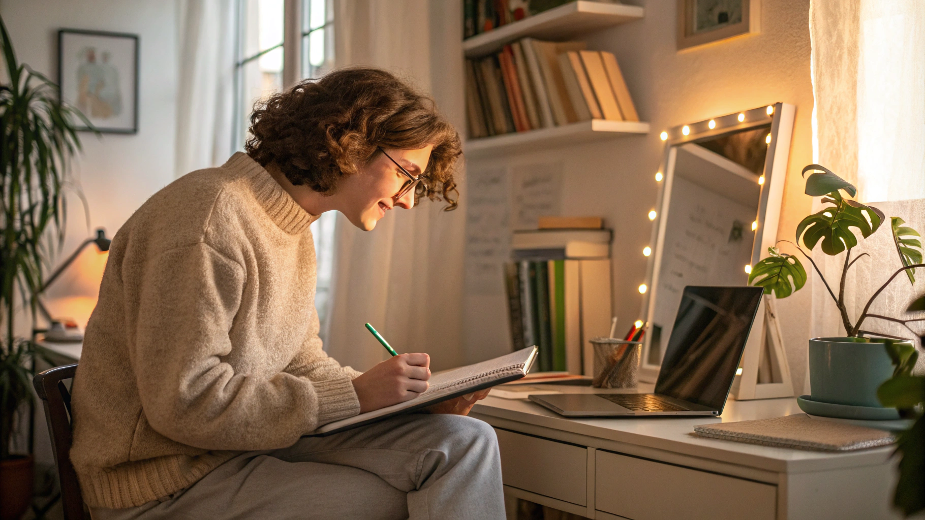 AI generated image by Red Panda AI: Una persona joven, de género no especificado, con cabello rizado castaño y gafas, está sentada en un escritorio en su habitación durante la tarde. La luz del sol entra por una ventana cercana, iluminando un espacio lleno de libros, una planta verde en maceta y una laptop abierta con varias notas alrededor. La persona está mirando un espejo con una expresión reflexiva y tranquila, con una libreta en la mano y un bolígrafo en la otra. Lleva un suéter de lana beige y pantalones cómodos. La habitación tiene un ambiente acogedor con tonos cálidos. La escena transmite introspección y el deseo de crecimiento personal, invitando al espectador a reflexionar sobre su propio tipo de apego.